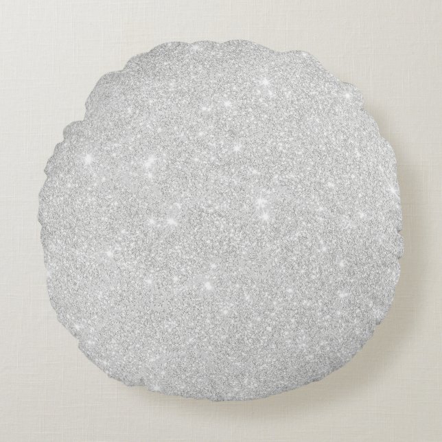 Silver Glitter Texture White Sparkling Shiny Round Pillow (Front)