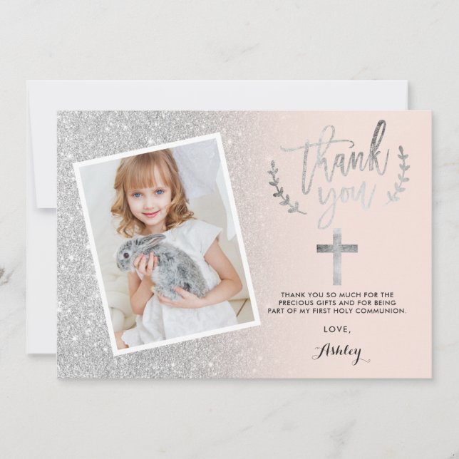 Silver glitter thank you first communion photo (Front)