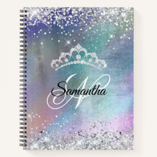 Silver Glitter Tiara Colourful Foil Fancy Monogram Notebook