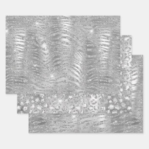 Silver Glitter Tiger Stripes & Leopard Spots Wrapping Paper Sheet