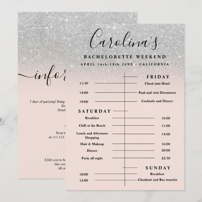 Silver glitter time line bachelorette weekend invitation (Front/Back)