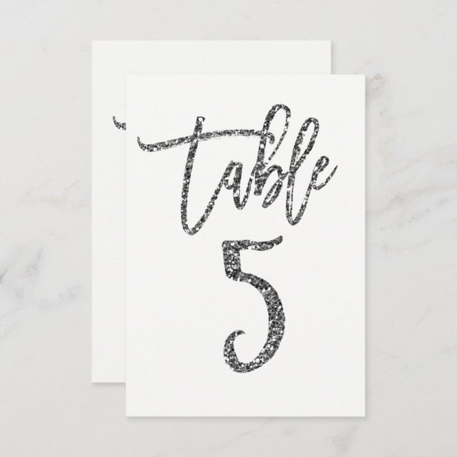 Silver Glitter Trendy Modern Script Table Number 5 (Front/Back)