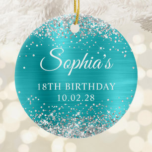 Silver Glitter Turquoise Blue 18th Birthday Photo Ceramic Ornament