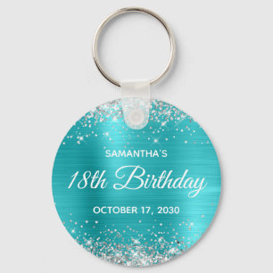 Silver Glitter Turquoise Blue Foil 18th Birthday Keychain