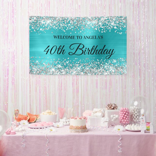 Silver Glitter Turquoise Blue Foil 40th Birthday Banner (Party)