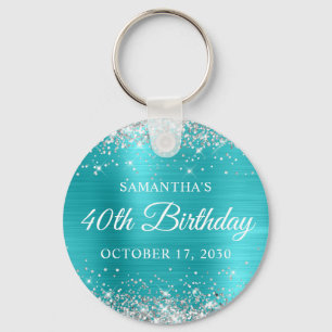 Silver Glitter Turquoise Blue Foil 40th Birthday Keychain