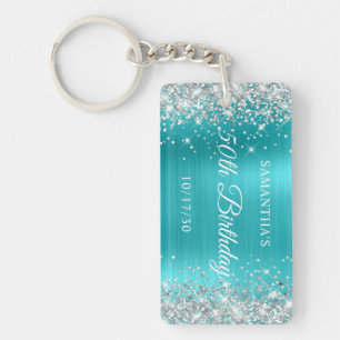 Silver Glitter Turquoise Blue Foil 50th Birthday Keychain