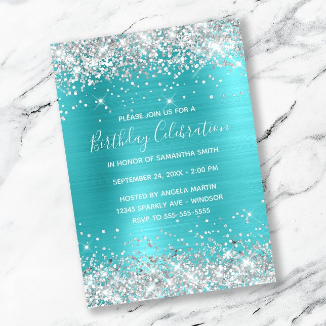 Silver Glitter Turquoise Blue Foil Birthday Invitation (Creator Uploaded)