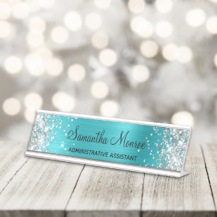Silver Glitter Turquoise Blue Foil Desk Name Plate