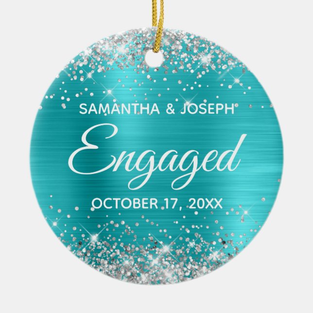 Silver Glitter Turquoise Blue Foil Engaged Ceramic Ornament (Front)