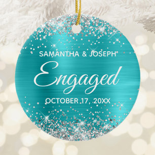 Silver Glitter Turquoise Blue Foil Engaged Ceramic Ornament