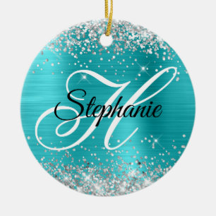 Silver Glitter Turquoise Blue Foil Fancy Monogram Ceramic Ornament