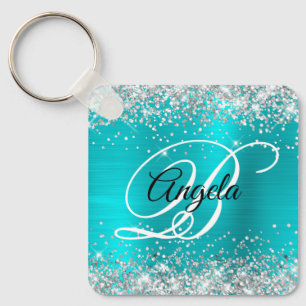 Silver Glitter Turquoise Blue Foil Fancy Monogram Keychain