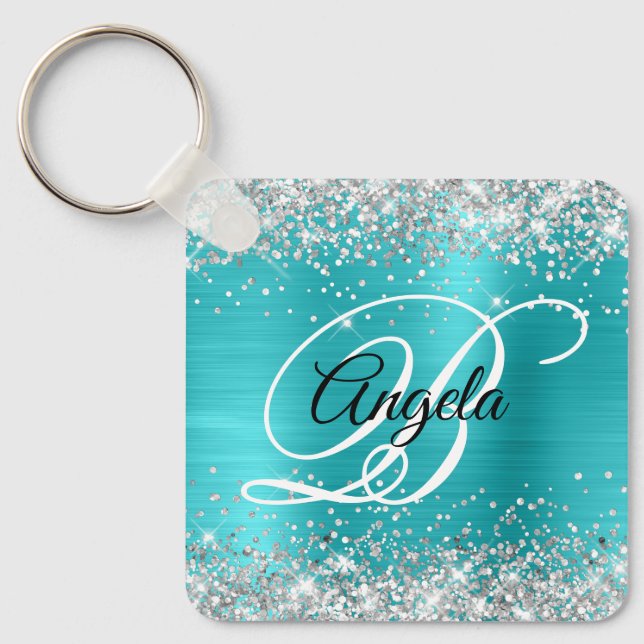Silver Glitter Turquoise Blue Foil Fancy Monogram Keychain (Front)