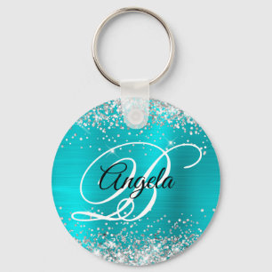 Silver Glitter Turquoise Blue Foil Fancy Monogram Keychain