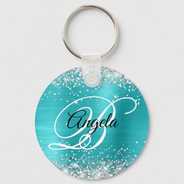 Silver Glitter Turquoise Blue Foil Fancy Monogram Keychain (Front)