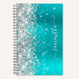 Silver Glitter Turquoise Blue Foil Girly Signature Notebook