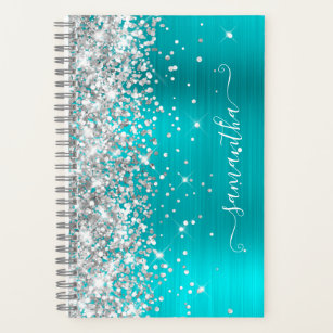 Silver Glitter Turquoise Blue Foil Girly Signature Notebook