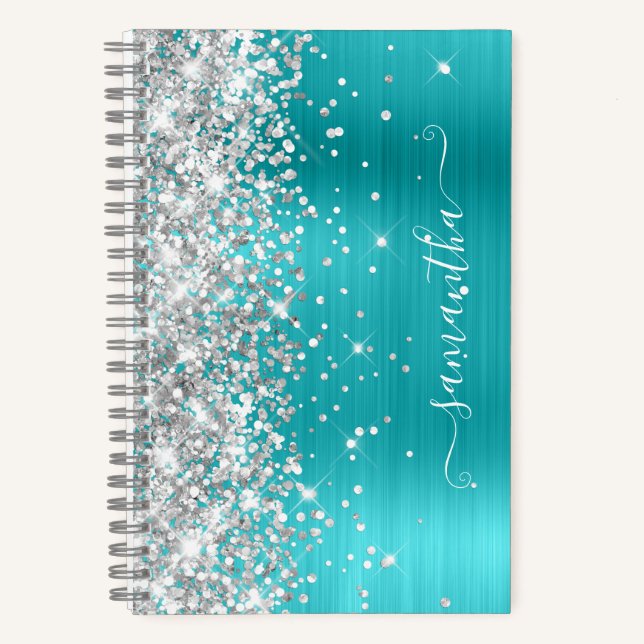 Silver Glitter Turquoise Blue Foil Girly Signature Notebook (Front)