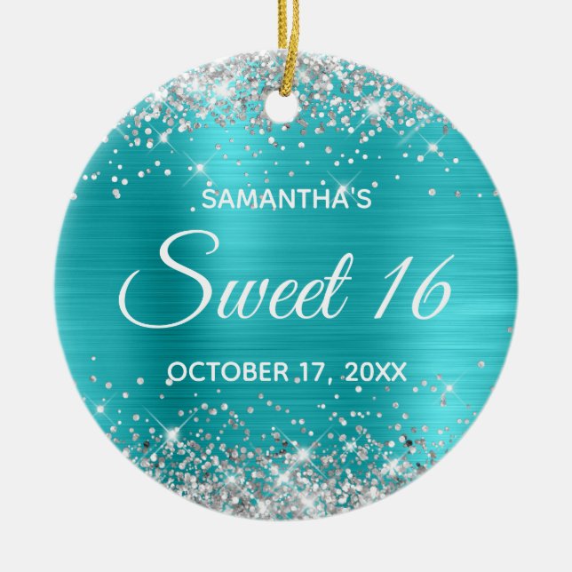 Silver Glitter Turquoise Blue Foil Sweet 16 Ceramic Ornament (Front)