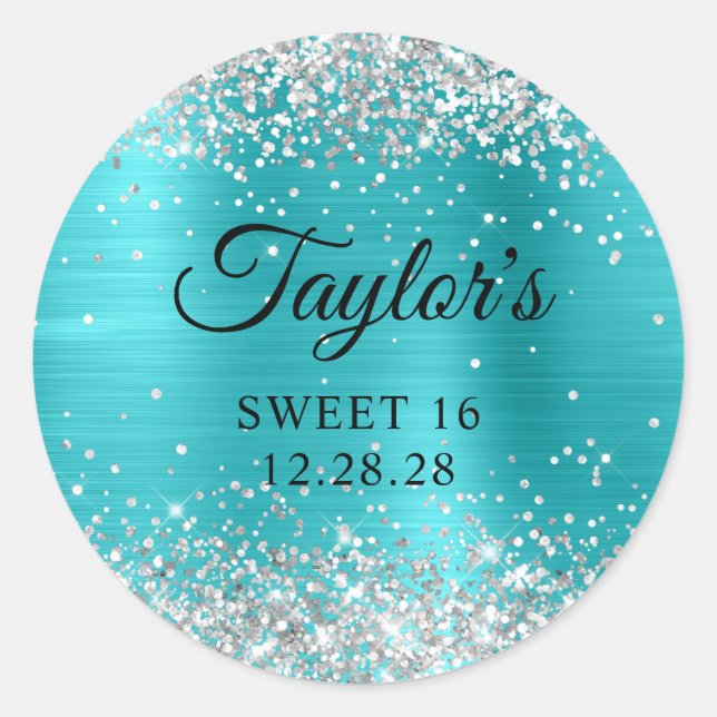 Silver Glitter Turquoise Blue Foil Sweet 16 Classic Round Sticker (Front)