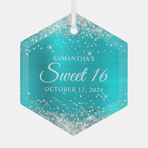 Silver Glitter Turquoise Blue Foil Sweet 16 Glass Ornament