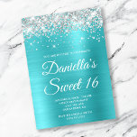 Silver Glitter Turquoise Blue Foil Sweet 16 Invitation<br><div class="desc">Create your own stylish 16th birthday celebration invitation for your daughter. Decorative faux sparkly light silver glitter graphics form a top border. The background digital art features a shiny aqua blue and turquoise ombre style brushed metal foil. Customize the invitation white text colour or font styles. The "Sweet 16" text...</div>