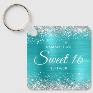 Silver Glitter Turquoise Blue Foil Sweet 16 Keychain
