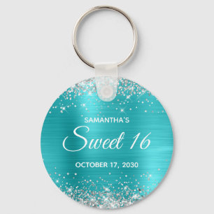 Silver Glitter Turquoise Blue Foil Sweet 16 Keychain