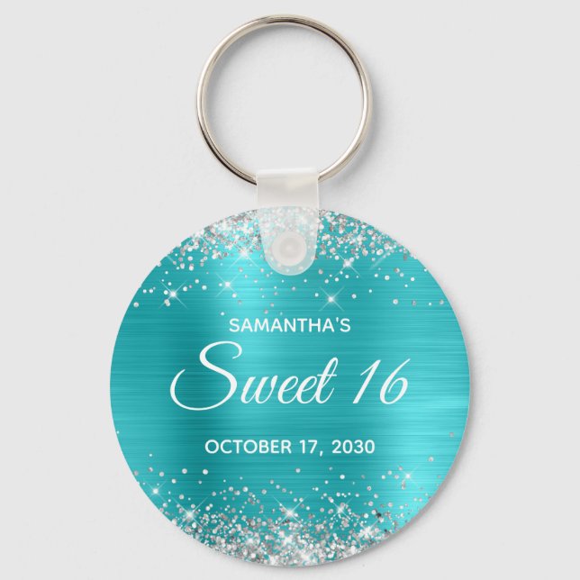 Silver Glitter Turquoise Blue Foil Sweet 16 Keychain (Front)