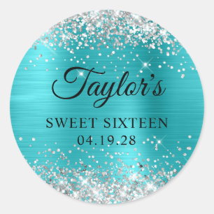 Silver Glitter Turquoise Blue Foil Sweet Sixteen Classic Round Sticker