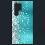 Silver Glitter Turquoise Blue Girly Signature Samsung Galaxy Case<br><div class="desc">Girly faux sparkly silvery glitter highlights on the left edge, over a faux bright jewel tone aqua and turquoise blue ombre brushed metal foil. The modern girly signature features an elegant white calligraphy font with decorative tails in a vertical format. Customize the font styles or move the sparkle graphics to...</div>