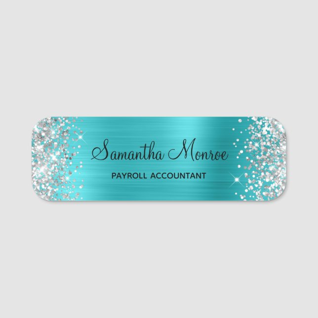 Silver Glitter Turquoise Blue Metallic Name Tag (Front)
