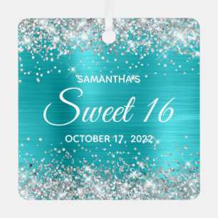 Silver Glitter Turquoise Blue Ombre Foil Sweet 16 Metal Ornament
