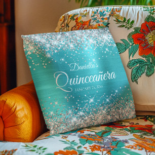 Silver Glitter Turquoise Blue Quinceañera Throw Pillow