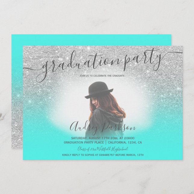 Silver glitter turquoise chic photo graduation invitation (Front/Back)