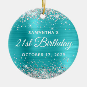 Silver Glitter Turquoise Foil 21st Birthday Ceramic Ornament
