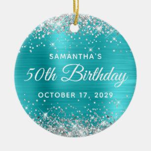 Silver Glitter Turquoise Foil 50th Birthday Ceramic Ornament