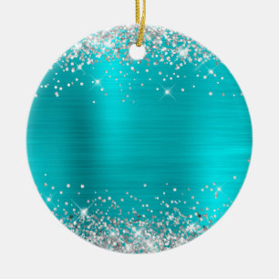 Silver Glitter Turquoise Foil Blank Ceramic Ornament