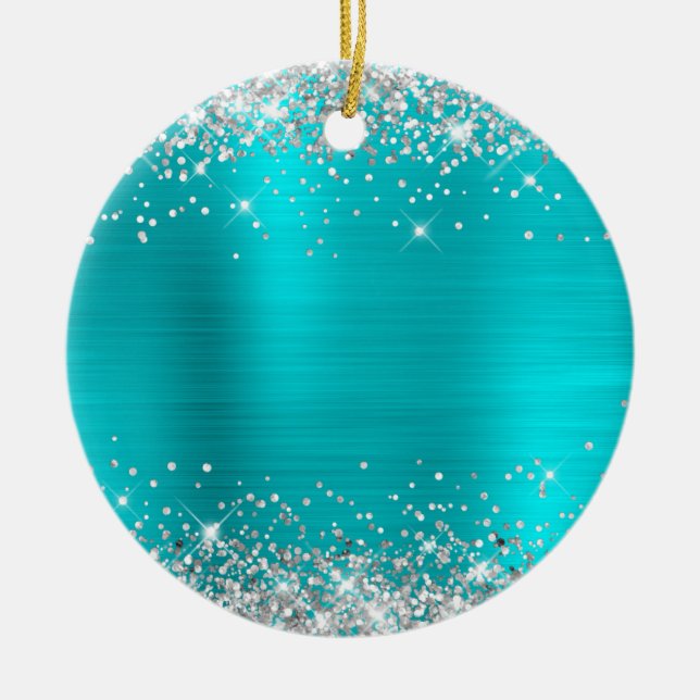 Silver Glitter Turquoise Foil Blank Ceramic Ornament (Front)