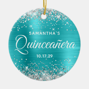 Silver Glitter Turquoise Foil Quinceañera Ceramic Ornament