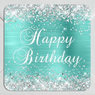 Silver Glitter Turquoise Happy Birthday Square Sticker