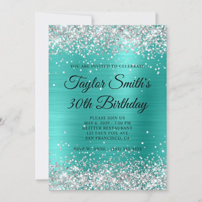 Silver Glitter Turquoise Monogram 30th Birthday Invitation (Front)