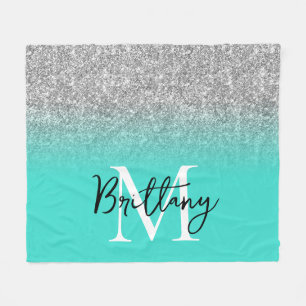 Silver Glitter Turquoise Ombre Monogram Fleece Blanket