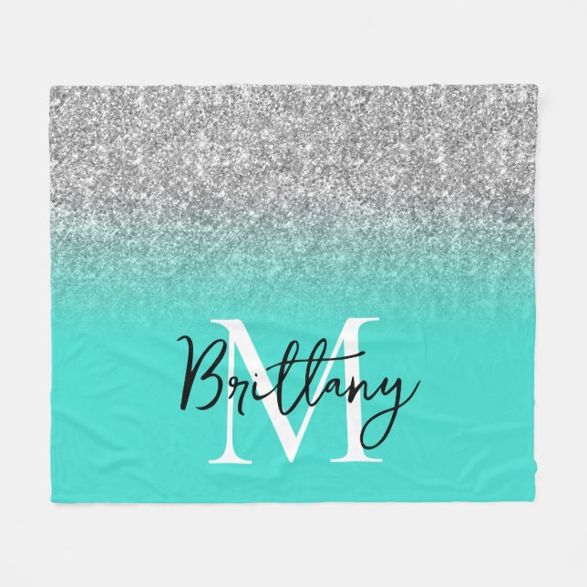 Silver Glitter Turquoise Ombre Monogram Fleece Blanket (Front (Horizontal))