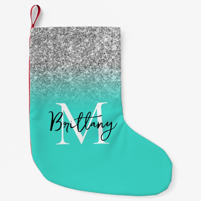 Silver Glitter Turquoise Ombre Monogrammed Small Christmas Stocking (Front)