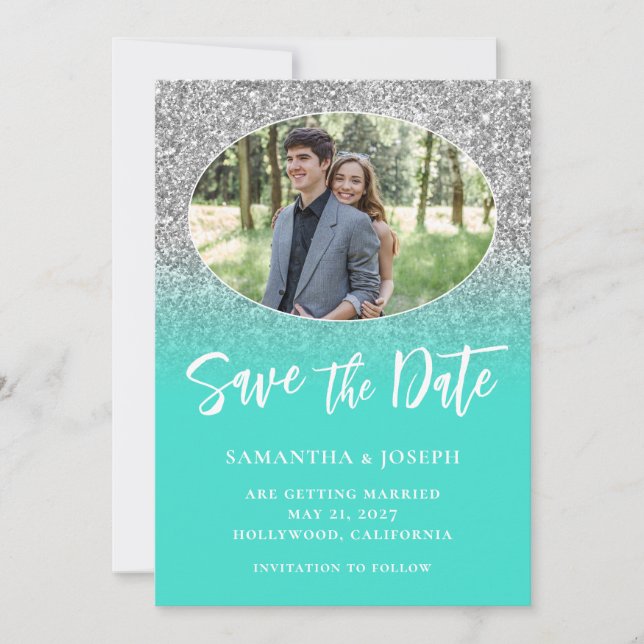 Silver Glitter Turquoise Ombre Oval Photo Save The Date (Front)