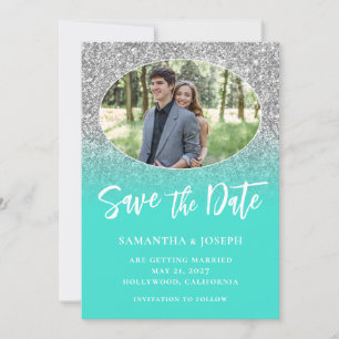Silver Glitter Turquoise Ombre Oval Photo Save The Date