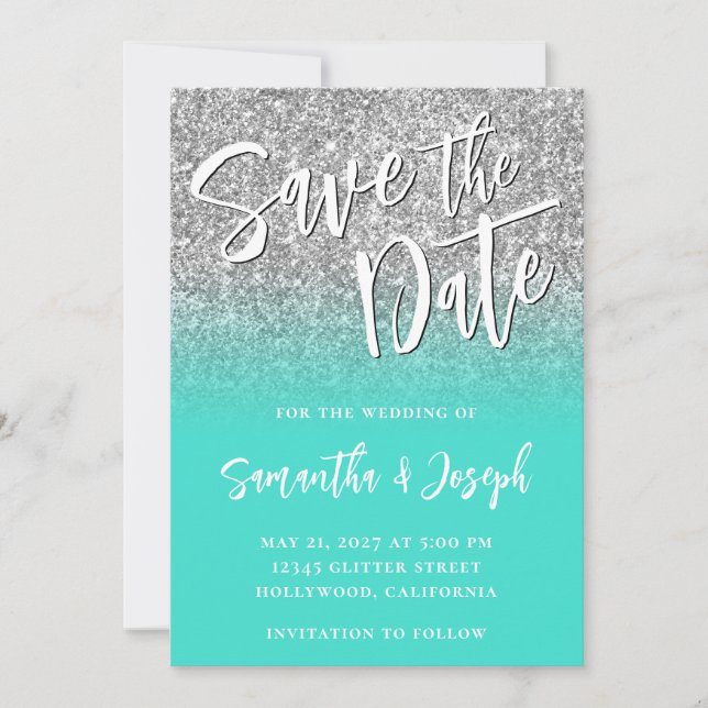 Silver Glitter Turquoise Ombre  Save The Date (Front)