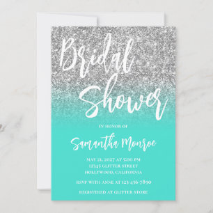 Silver Glitter Turquoise QR Code Bridal Shower Invitation